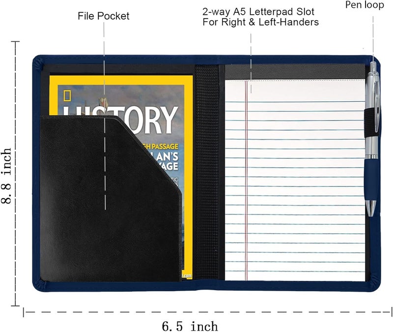 Gorbado Mini Padfolio/Junior Portfolio Folder Case, Business A5 Binder Organizer Notepad for Men Women, 5 x 8 Writing Pad Included, Navy Blue. - Image 3